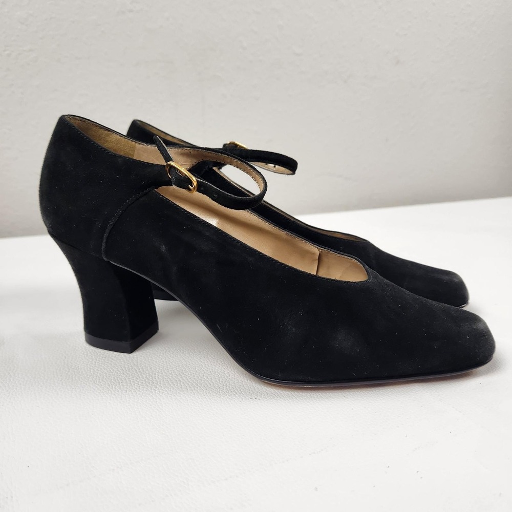 Vintage Calico Mary Jane Heels 7.5 Black Suede Block Heel Square Toe C-BANGLE